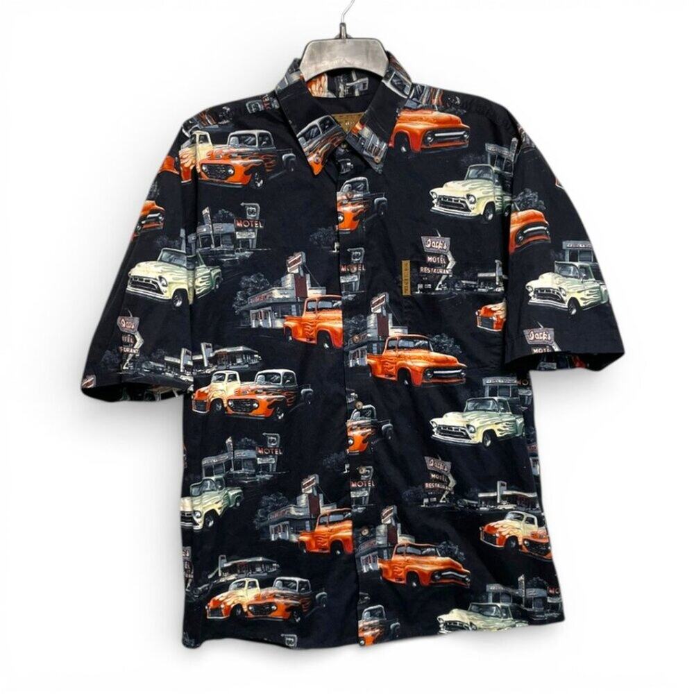 Men's North River Hot rod route 66 all over print button shirt size Large